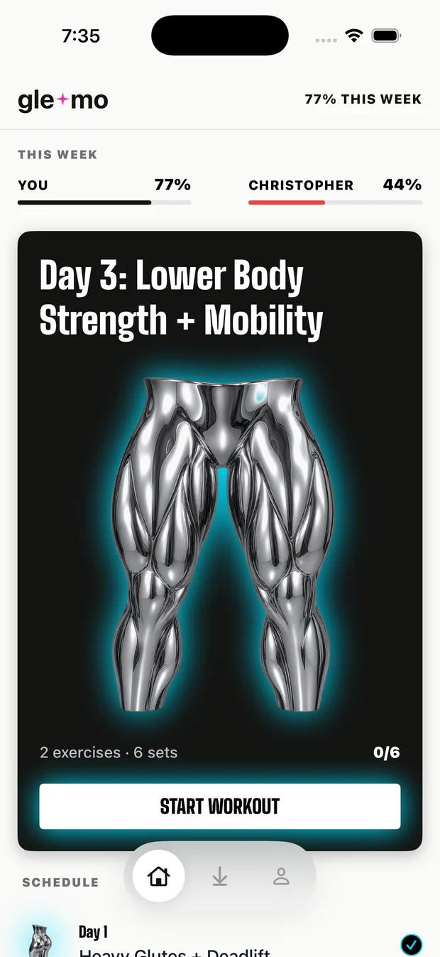 GLEAMO home screen: weekly completion for two connected members, You 77% and Christopher 44%, above the day's lower-body workout