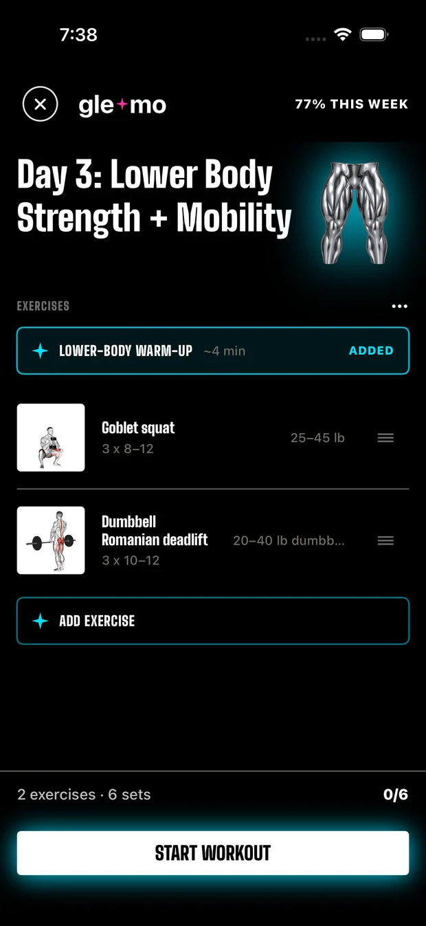 Day 3: Lower Body Strength + Mobility in GLEAMO, with a warm-up, goblet squats and dumbbell Romanian deadlifts, sets, reps and starting weights