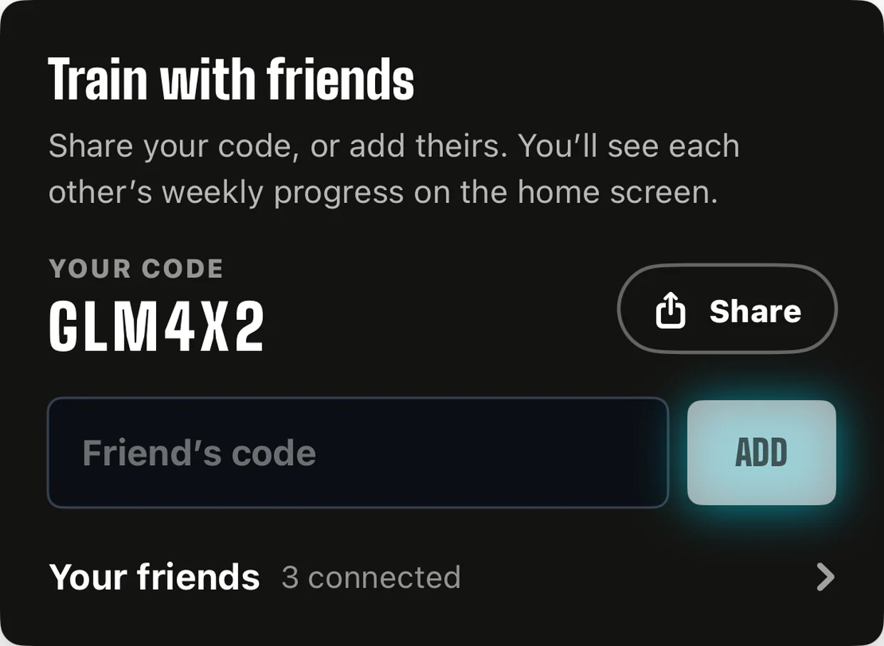 The Train with friends card in GLEAMO: your six-character code with a Share button, a field to add a friend's code, and Your friends, 3 connected