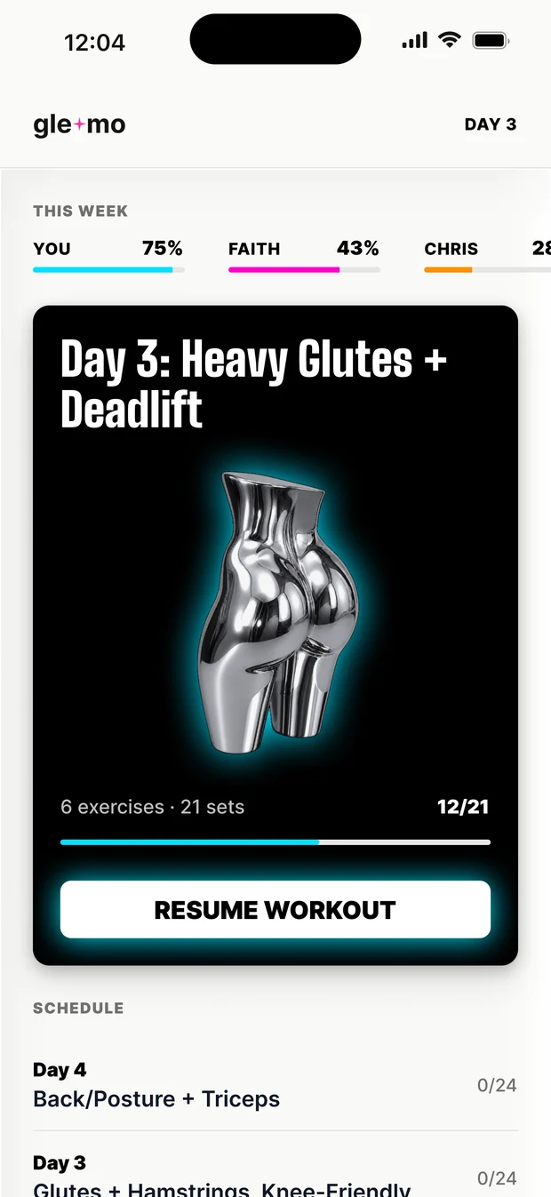 GLEAMO home screen: this week's progress for you and two friends, today's Day 3 workout with the chrome sculpture, 12 of 21 sets done, and a Resume Workout button