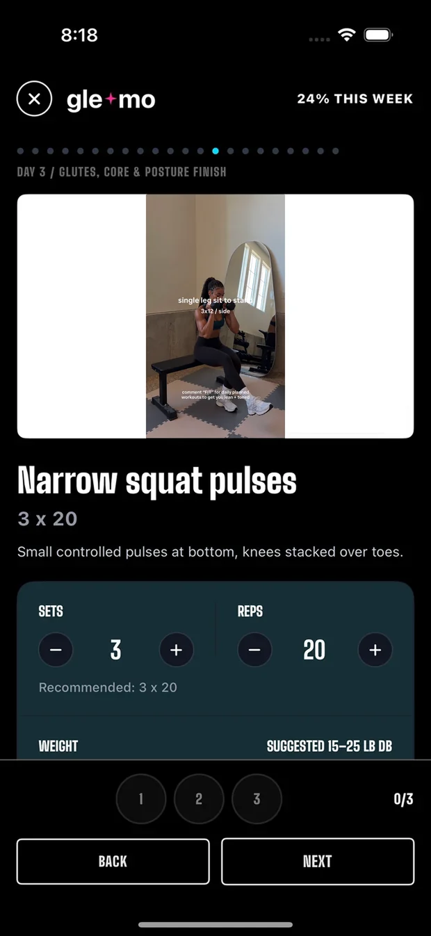 An imported exercise, Narrow squat pulses, in a GLEAMO workout with its demo clip, 3 sets of 20, a form cue, and a suggested 15 to 25 lb dumbbell