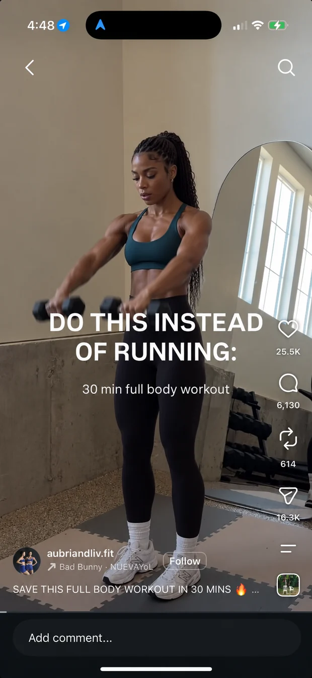 An Instagram reel of a full-body dumbbell workout titled Do this instead of running: 30 min full body workout