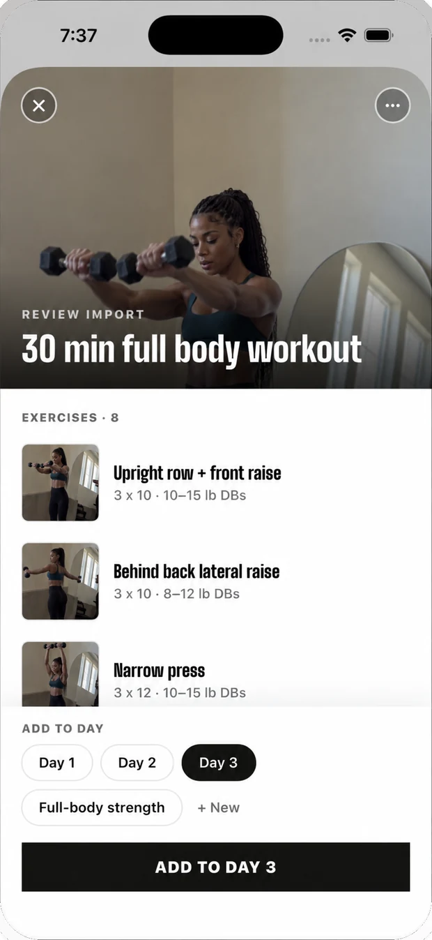 Review import: the same reel, titled 30 min full body workout, broken out into eight exercises, each with its clip from the reel, sets, reps and a suggested dumbbell weight, ready to add to Day 3